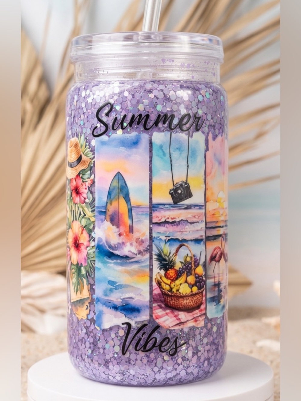 Summer Vibes Purple Glitter 16oz Tumbler